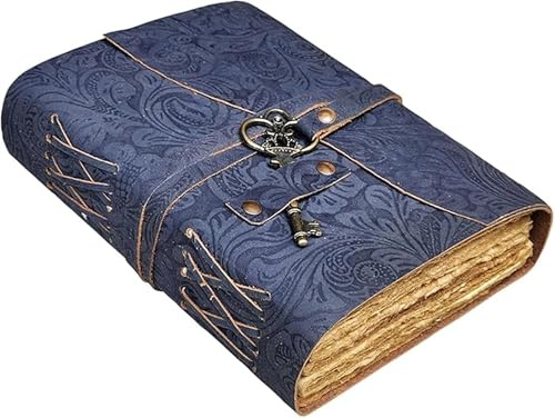 Journal en cuir gaufré avec clés antiques et pages vintage faites à la main – Carnet de croquis en cuir – Carnet de voyage en cuir – Livre d'ombres grimoire en cuir (bleu, 25,4 x 17,8 cm)
