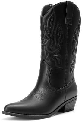 DREAM PAIRS Women's Cowboy Boots Mid Calf Cowgirl Boots Embroidery Stitched Western Boots,Size 7,All Black,DWUMMB2419