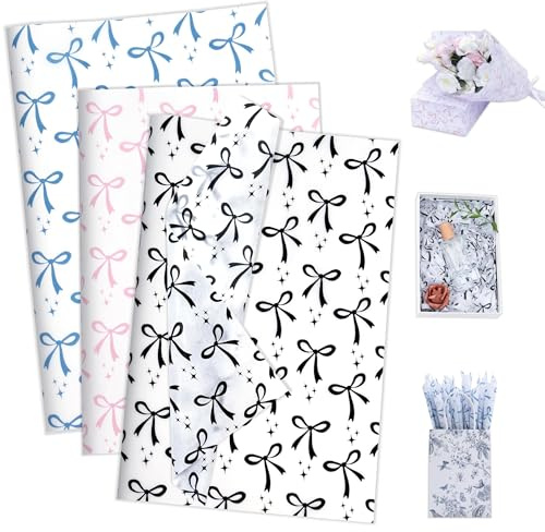 Larcenciel Papel de Seda con Diseño de Lazo, 60 Hojas Papel Seda para Envolver - Rosa, Azul, Negro, Coqueto Dulce Embalaje Regalo Artístico para Boda Cumpleaño Fiesta Manualidade Aniversario 50x35 CM