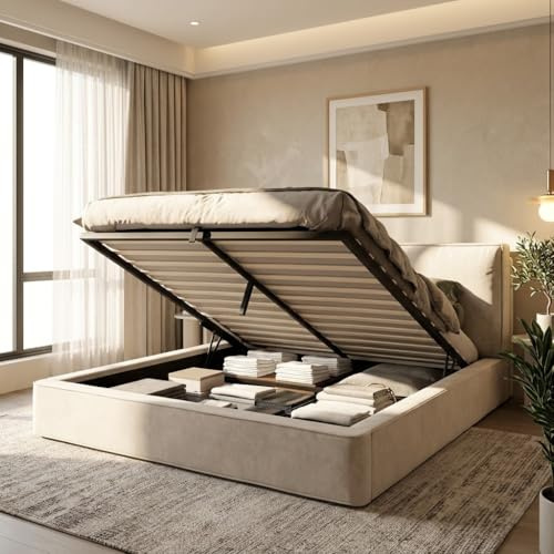 ECLIVON Cama Tapizada Matrimonio 180x200, Camas Matrimoniales, Beige