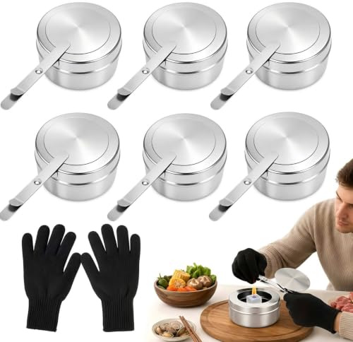 6 stycken behållare för brännpasta i rostfritt stål med handskar