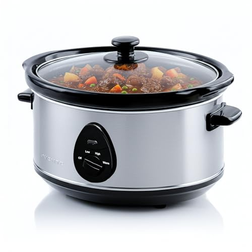 OVENTE Electric Slow Cooker with 3 Cooking Settings, Non-Stick and Dishwasher Safe Stoneware, Stainless Steel Body, Glass Lid, 3.7 Qt Oval Pot for Entrees, Soups, Sauces, Stews & Dips, Silver SLO35ABR