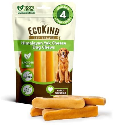 EcoKind Premium Gold Yak Cheese Himalayan Dog Chews, Dog Treats Large Breed, All Natural, High Protein, for Aggressive Chewers, Large - 4 Chews (1 lb)
