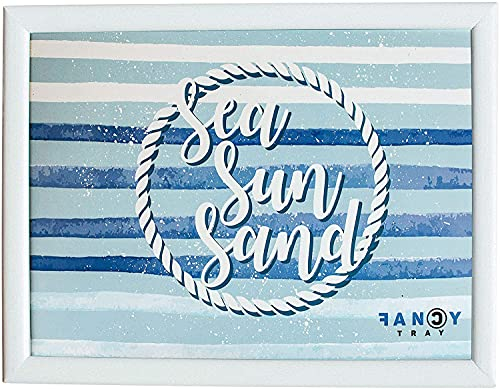 E&A Distribution Limited Lap Tray with Cushion - Wooden Tray, Soft Padded Bean Bag, Size 43 x 33 x 1.5 cm, Sea Sun Sand Stripes