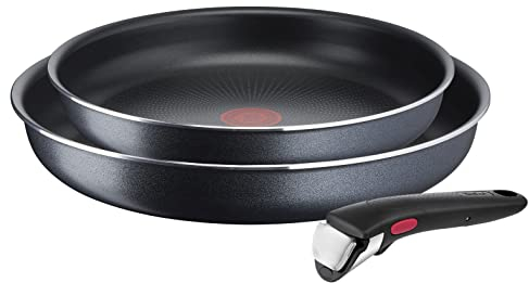 Tefal Ensemble de 3 poêles Ingenio XL Force L15892 | 22/26 cm + 1 poignée amovible | empilable | revêtement antiadhésif | indicateur de température à signal thermique | gris/bleu