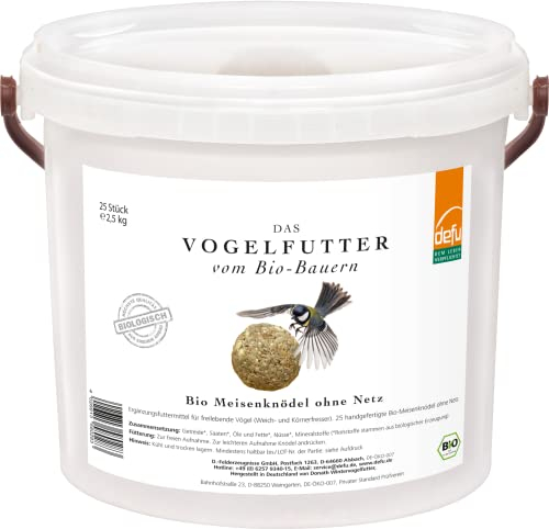 defu Wildvögel | Bio Meisenknödel ohne Netz | Ganzjähriges Wildvogelfutter für Weich- und Körnerfresser | 25 Stück im Eimer