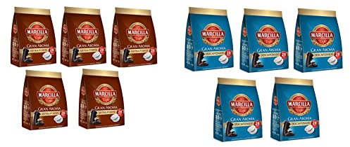 Marcilla Café Extra Fuerte para máquina Senseo - 5 paquetes de 28 monodosis (Total 140 monodosis) & monodosis GRAN AROMA DESCAFEINADO - [Pack de 5]