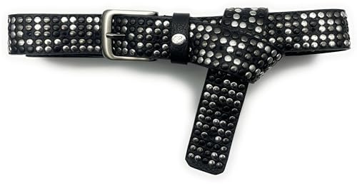 PASSIONE Ceinture H 3,5 cm à Nouer en Cuir Souple Véritable Noir - Plus de 1000 Clous Mixtes Nickel, Canon Fusil - Taille Unique Accorciable - Made in Italy