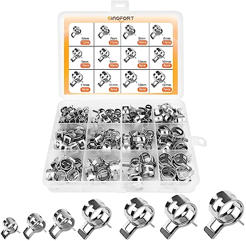 Sinofort 118 Pièces Clip à Ressort Tuyau 6-12mm Colliers de Serrage à Ressort Serre-joints à Tuyaux 5 Sortes de Tailles Collier Durite Essence Pour Fixer Tuyaux Souples et Durites