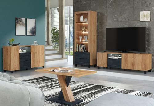 Furneo Enzo 2/4/6/8 – Living Room Set with TV Stand, Display Cabinet, Sideboard & Coffee Table, Oak and Black Concrete Effect, White LED Lights