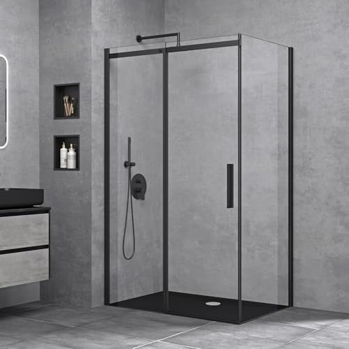 doporro Cabine de Douche Transparent 80x100cm Porte Coulissante Paroi de Douche Rectangulaire en Angle Hauteur 195cm Montage Réversible Ravenna18K Schwarz