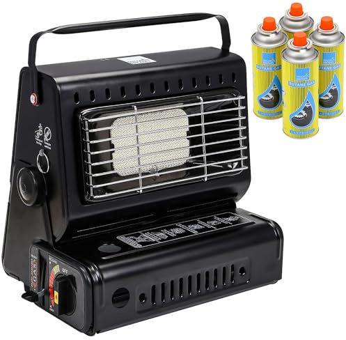 Taylor & Brown 2in1 Portable Gas Heater & Stove + 4 Butane Gas Bottles Canisters - For Outdoor, Camping, Fishing & Caravan - Emergency, Safety Grill, Auto Ignition, Carry Handle & Temp Control