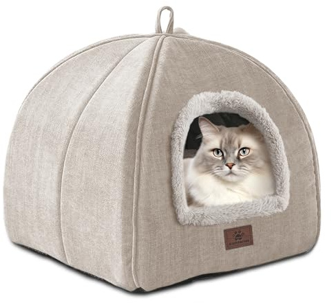 WINDRACING Niche pour chat d'intérieur – Niche en forme de tente avec coussin amovible et lavable, lit doux et auto-chaton, lit pour animal domestique (taille L, beige)