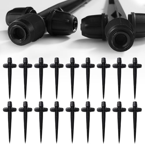 VooGenzek 18 Pezzi Regolabili a 360 Gradi Gocciolatori, Gocciolatori con Dado con Serratura a Spinato per Tubi da 1/4, Emettitori per Irrigazione a Goccia, per Sistema di Irrigazione, Nero