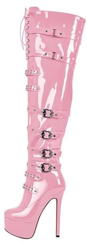 blingqueen Bottes à plateforme pour femme - Bottes montantes - Stilettos - Talons hauts - Punk, Rose, 43 EU