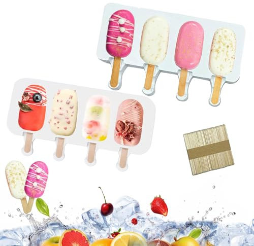 Stampi per Ghiaccioli in Silicone, 2 Pezzi Stampi per Gelato, 4 Cavità Stampo per Ghiaccioli, con 50 Bastoncini di Legno, Ice Cream Mould, per Stecco al Cioccolato, Sorbetti, Budino