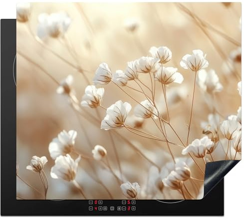 KitchenYeah© Protector Vitroceramica 59x52 cm Tapa para induccion Placa Encimera Cubre de Protectora Cocina Silvestre - Flor - Blanco