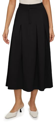 REORIA Women Solid Color Midi Pleated Skirt Ladies Long A-Line Skirts with Elasticated Waist Black M