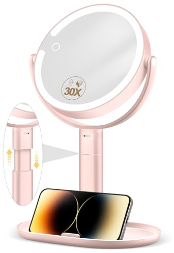 MOMOKUBA Specchio cosmetico con illuminazione – Specchio da trucco regolabile in altezza da 7 con illuminazione, ingrandimento 30x per camera da letto e bagno, double face, 3 colori, 64 LED, rosa