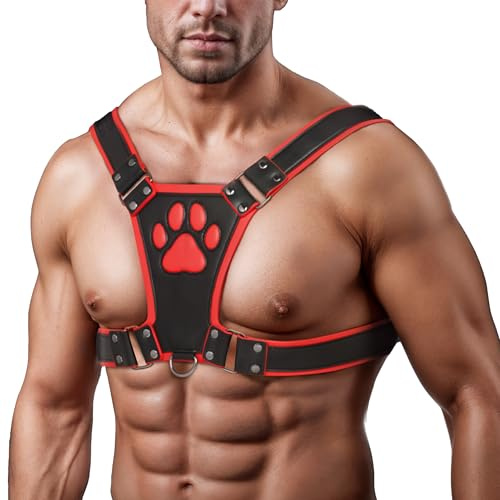 Master Series Alpha Pup Bulldog BDSM Harness – Adjustable Red Bondage Chest Harness with Front D-Ring for Leash & Accessories – Vegan Leather Puppy Play Restraint Gear for Men