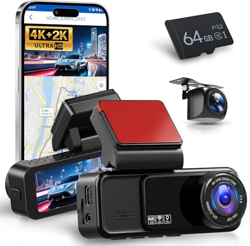 VECHTEL 4K+2K bilkamera fram och bak med 5.8G+2.4G WiFi, 2*Dash Cam 1080P bilkamera med 3,16-tums IPS-skärm, 24H parkeringsövervakning, mörkerseende, G-sensor, med 64GB