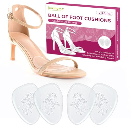 Bukihome - 2 paia di cuscini per scarpe con tacco alto, in gel morbido Metatarsal per l'avampiede, per alleviare il dolore, scarpe invisibili, inserti antiscivolo per evitare che il piede scivoli in