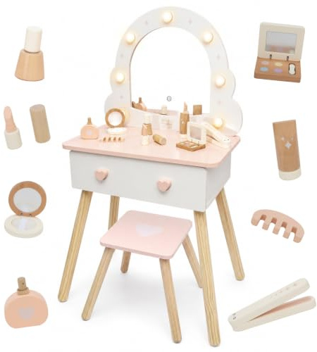 Nene Toys Sminkbord för barn med pall och upplyst spegel | Toalettbord av trä med 3 ljuslägen, lådor och tillbehör - för fantasifulla rollspel från 3 år