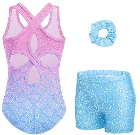 Arshiner Gymnastikdräkt för flickor, 3-delat gymnastikdräkt för barn med shorts och hårsnodd, ärmlös gymnastikdräkt med klipp-rygg och glitter, balettdräkt och dansbody i 3–11 år