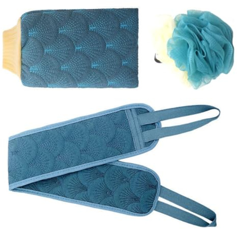 LABRIMP 3pezzi Doccia con Guanto Esfoliante Palla da Bagno e Fascia Lunga per Schiena Doppio Lato per Pulizia Profonda del Corpo Adatto Tutti i Tipi di Comodo e Facile da Usare