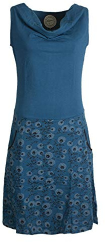 Vishes - Alternative Bekleidung - Damen Baumwoll-Kleid, Blumen-Muster, Wasserfall-Kragen und Taschen türkis 42