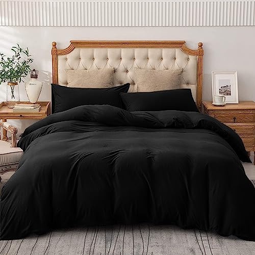 AMEHA Double Duvet Set 3 PCs Plain Dyed Quilt Bedding with Pillowcases Breathable Soft Brushed Microfibre Bed Set Black