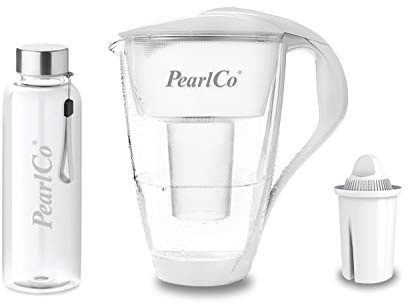 PearlCo - Glas-Wasserfilter (weiß) mit 1 Universal classic Filterkartusche + 1 Trinkflasche aus Glas