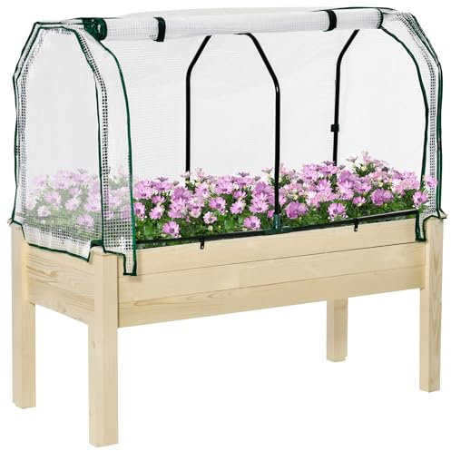 Outsunny Raised Garden Bed with PE Greenhouse Cover, Outdoor Elevated Wood Planter Box for Herbs and Vegetables, Use for Patio, Garden, Balcony, 121 x 55 x 117cm, Nature Wood Finish