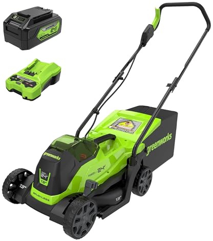 Greenworks 24V 13“ Brushless Cordless Lawn Mower with 4.0Ah Battery & Charger,Maintenance-Free Push Mower with 2-in-1 Mulch/Bag