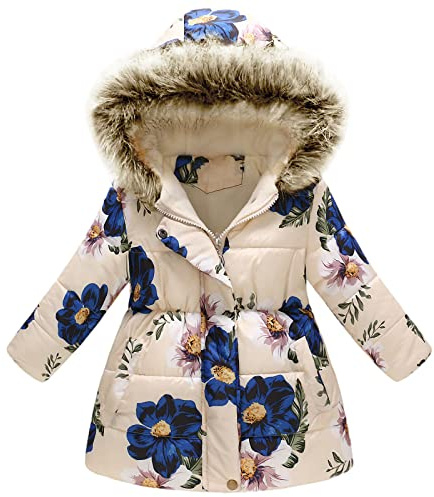 amropi Manteau Enfant Fille À Fleurs Veste à Capuche Fourrure Chaud Hiver Vêtement pour 2-10 Ans