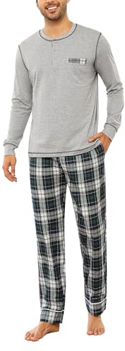 Litherday Pyjama Homme Hiver Coton Ensemble de Pyjama à Carreaux Vêtements de Nuit à Manches Longues Pyjama pour Hommes Loungewear 2 Pièces,D01 Gris,M
