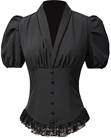 Viktoriansk korsett för kvinnor, skjortor, gotisk steampunk snörningsblus, Svart, XXL
