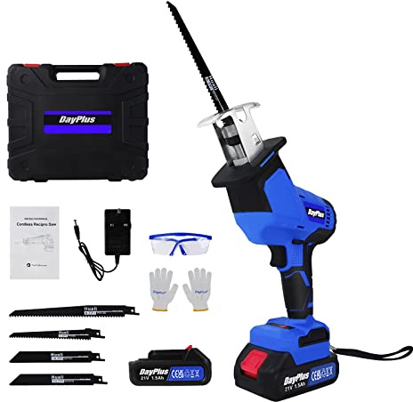 Reciprocating Saw, 21V Cordless Battery Powered Reciprocating Saw, 4 Saw Blades, 0-1900RPM Variable Speed, Electric Sawzall for Metal/Wood/PVC Pipe/Tree Pruning (Included Goggles, Glove, Battery)