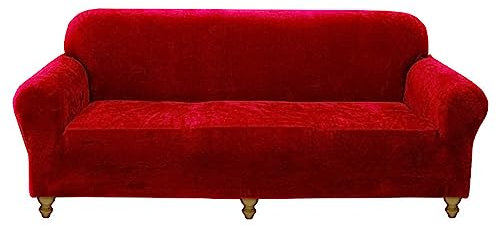 OQHAIR Stretch-Samt Sofaüberwurf für 3-Kissen-Couchbezüge weich rutschfest Sofa überzug Maschinenwaschbarer Möbelschutz -Rot-3 Seater