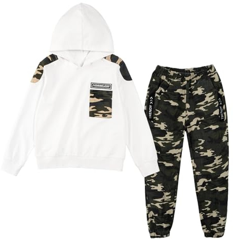 LOLANTA 2PCS Enfants Survêtement Ensemble Sweatshirt à Capuche et Pantalon de Cargo Camouflage pour Garçons, Blanc, 10-11 ans, 150