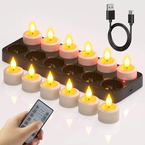 SoulBay Rechargeable Tea Lights, 12pcs Battery LED Flameless Tealight Candles with Remote Control and Timer, Candle Lights with Charging Station for Home Room Table Halloween Christmas Decor