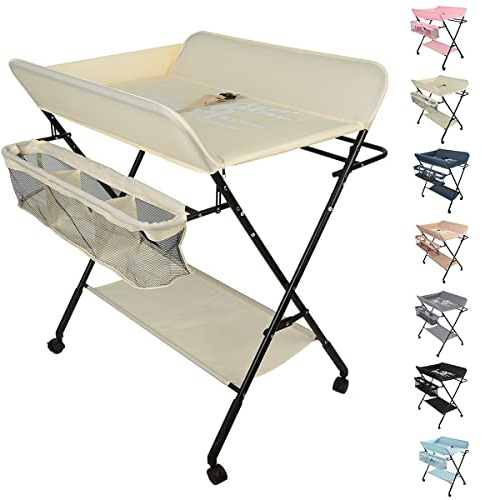 OHMG Fasciatoio Pieghevole Fasciatoio Portatile con Cintura di Sicurezza e Scomparti Portaoggetti,Tavolo Cambio Pannolini Multifunzionale Portatile per Bagnetto Neonati,4 ruotes