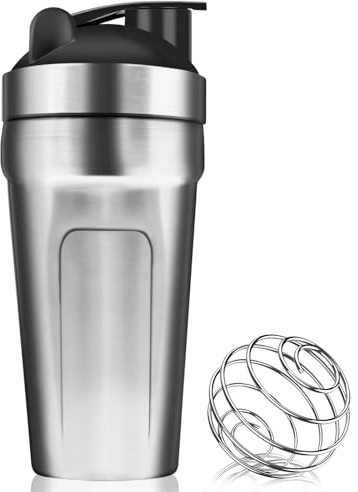 ROCKY&CHAO Shaker - Agitador de proteínas de acero inoxidable, 900 ml, con bola de proteínas, para el deporte, la dieta y el fitness, con tapa de rosca, de acero inoxidable