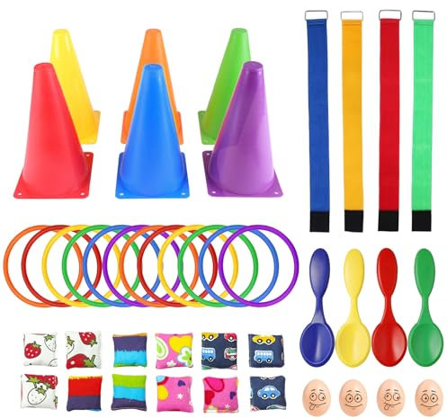Waylipun Set di giochi all'aperto per bambini, giochi da giardino per compleanno dei bambini, gioco di lancio ad anelli, cucchiaio equilibrato per uova giochi, nastri da corsa a 3 gambe, giochi di