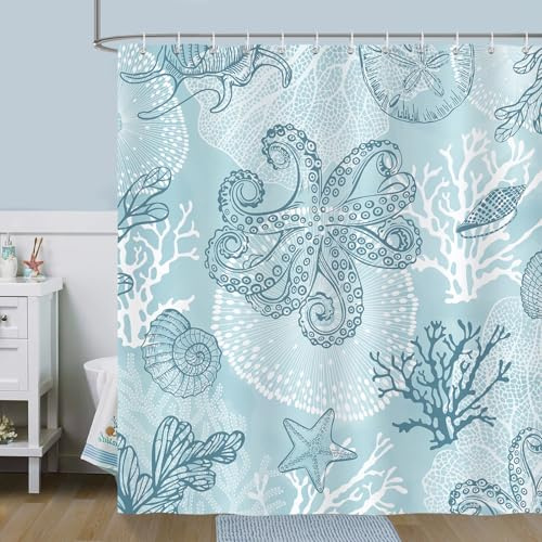 Bonhause Cortina de Ducha Costera Pulpo Concha de Playa Náutico Océano Azul Cortina de Baño de Poliéster Impermeable Antimoho Lavable Cortina Ducha 180 x 180 cm con 12 Ganchos