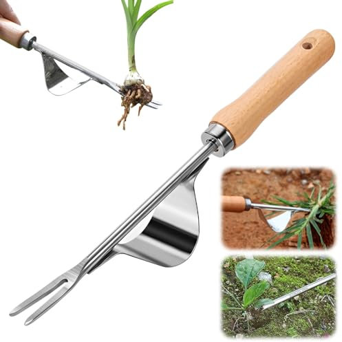 Topbashgo Unkrautstecher Edelstahl, 2025 New Unkraut Entferner Gerät, Unkrautstecher Gardena Gartenarbeit Hand Unkrautstecher, Gartenarbeit Gabel mit Naturholzgriff für Graben Jäten Lösen (1)