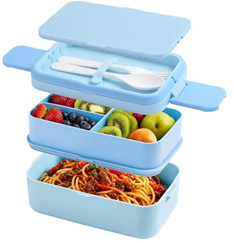 SGAONSN Lonchera Bento de 1960 ml, cajas bento apilables 2 en 1, 2 capas, 4 compartimentos, a prueba de fugas, para adultos y niños, lonchera con compartimentos para escuela, oficina, camping