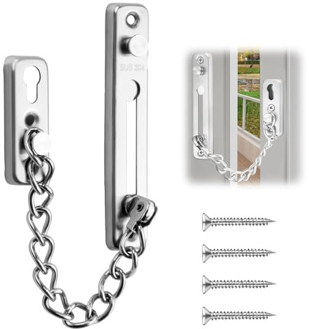 Safety Chain Door Lock 304 Stainless Steel Internal Latch Chain Security Chain Lock with 4 Screws & Spring Heavy Duty Anti-Theft Restrictor for Home Hotel Living UPVC Front Door Apartment(Silver)