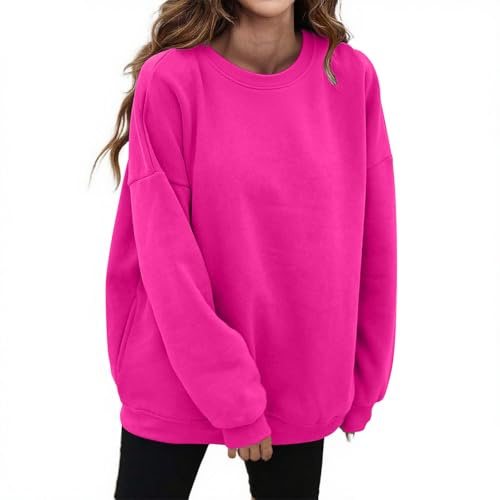 Felpe Oversize da Donna Girocollo Basiche Pullover Casual a Maniche Lunghe, Rosa acceso, XL