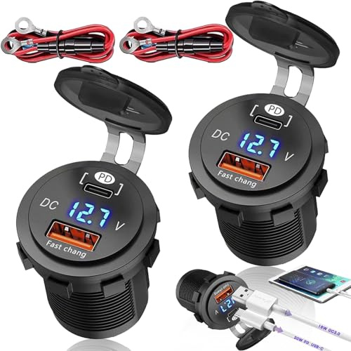 Benaton 2 Pezzi 18W QC3.0 & 30W PD Caricatore Auto Presa, 2-Porte Caricabatterie Auto con Voltmetro LED, Caricabatteria da Auto per telefoni cellulari tablet(con 2 x 60cm Cavo di alimentazione)